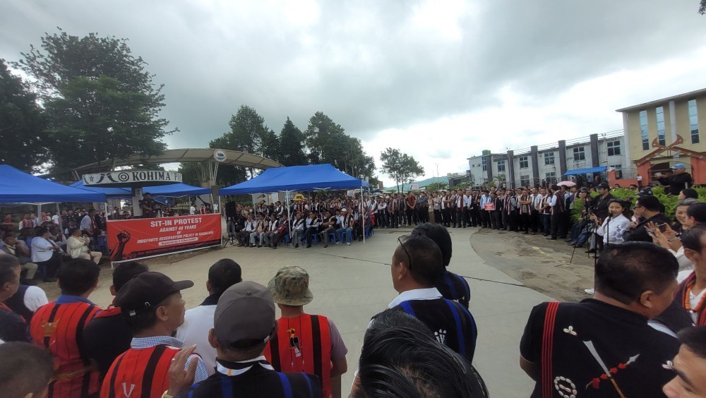 The Committee on Review of Reservation Policy, representing five Naga tribes—Ao, Sema, Lotha, Angami, and Rengma, during a sit-in protest outside the Nagaland Civil Secretariat on July 9. (Morung File Photo)
